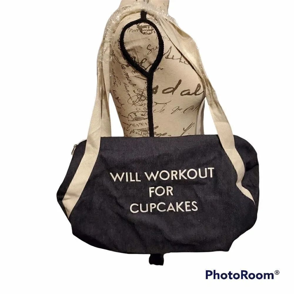 Navy Blue White "Will Workout for Cupcakes" Gym Bag